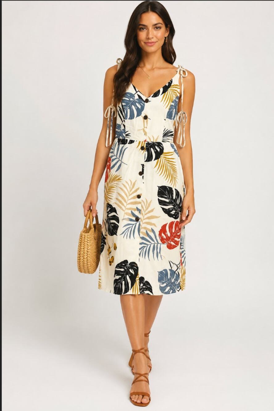 Monteau Tropical Print Linen Blend Midi Dress Resort Vacation Style S